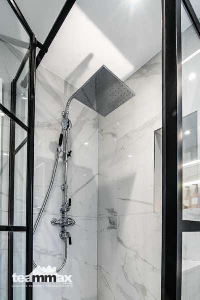 Rainfall shower head & recessed shelf